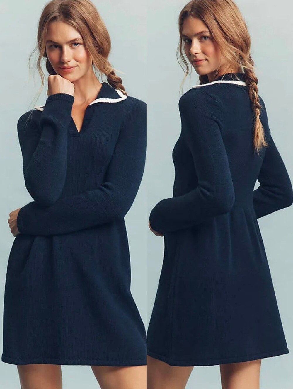 Anthropologie Maeve Navy Long-Sleeve Polo Knit Mini Dress
